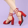 image:imageAllegra K Women Faux Fur Lace Up Strappy Open Toe Chunky Heels SandalsRed