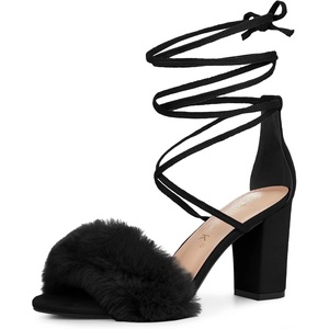 image:imageAllegra K Women Faux Fur Lace Up Strappy Open Toe Chunky Heels SandalsBlack