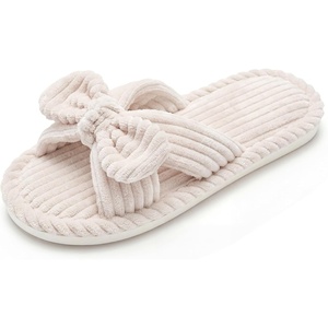 image:imageAllegra K Women Cozy Soft Corduroy Bow Open Toe Crossbands SlippersKhaki
