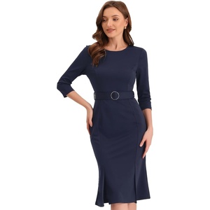 image:imageAllegra K Women Elegant Casual Work Sheath Dress Belt Sllit HemDark Blue