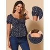 image:imageAllegra K Floral Top for Womens Sweetheart Neck Shirred Ruffle Peplum TopsDark Blue