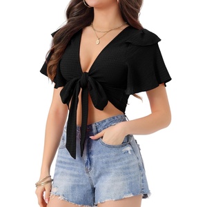 image:imageAllegra K Boho Tie Front Crop Top for Womens Sexy Spicy Deep V Neck TopsBlack