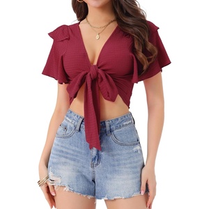 image:imageAllegra K Boho Tie Front Crop Top for Womens Sexy Spicy Deep V Neck TopsClaret