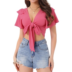 image:imageAllegra K Boho Tie Front Crop Top for Womens Sexy Spicy Deep V Neck TopsHot Pink