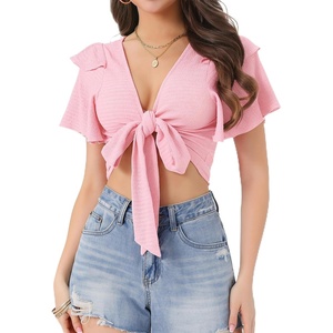 image:imageAllegra K Boho Tie Front Crop Top for Womens Sexy Spicy Deep V Neck TopsLight Pink