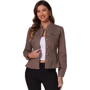 image:imageAllegra K Denim Jacket Womens Classic Stand Collar Long Sleeve Jean JacketsCoffee