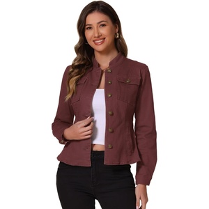 image:imageAllegra K Denim Jacket Womens Classic Stand Collar Long Sleeve Jean JacketsDeep Red