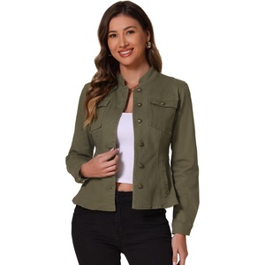 image:imageAllegra K Denim Jacket Womens Classic Stand Collar Long Sleeve Jean JacketsGreen
