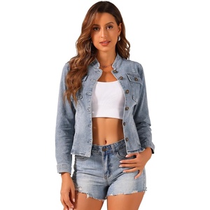 image:imageAllegra K Denim Jacket Womens Classic Stand Collar Long Sleeve Jean JacketsGrey Blue