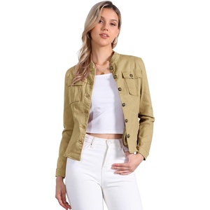 image:imageAllegra K Denim Jacket Womens Classic Stand Collar Long Sleeve Jean JacketsKhaki