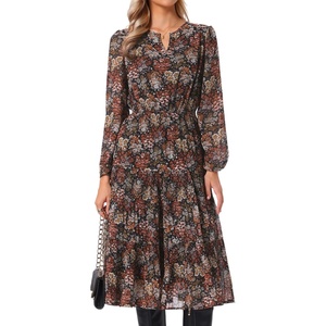 image:imageAllegra K Floral Chiffon Dress for Women Flowy Pleated Tiered Midi DressBlack