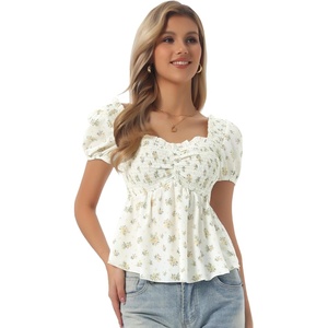 image:imageAllegra K Floral Top for Womens Sweetheart Neck Shirred Ruffle Peplum TopsBeige