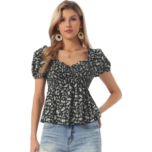 image:imageAllegra K Floral Top for Womens Sweetheart Neck Shirred Ruffle Peplum TopsBlack Floral