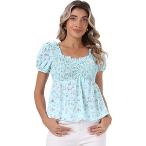 image:imageAllegra K Floral Top for Womens Sweetheart Neck Shirred Ruffle Peplum TopsBlue Green