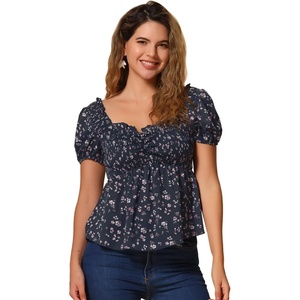 image:imageAllegra K Floral Top for Womens Sweetheart Neck Shirred Ruffle Peplum TopsDark Blue