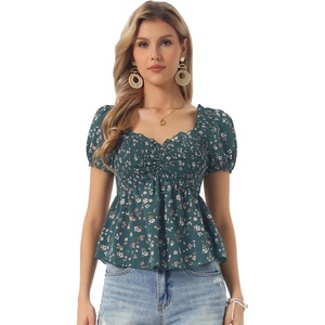 image:imageAllegra K Floral Top for Womens Sweetheart Neck Shirred Ruffle Peplum TopsDark Green