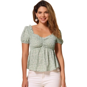 image:imageAllegra K Floral Top for Womens Sweetheart Neck Shirred Ruffle Peplum TopsLight Green