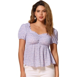 image:imageAllegra K Floral Top for Womens Sweetheart Neck Shirred Ruffle Peplum TopsLight Purple
