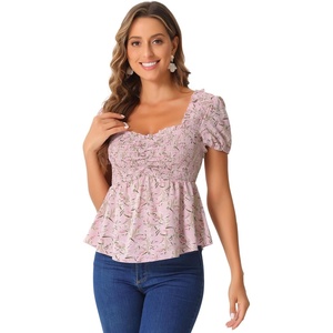image:imageAllegra K Floral Top for Womens Sweetheart Neck Shirred Ruffle Peplum TopsPink