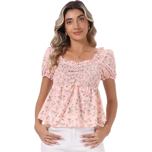 image:imageAllegra K Floral Top for Womens Sweetheart Neck Shirred Ruffle Peplum TopsPink White