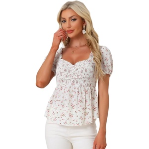 image:imageAllegra K Floral Top for Womens Sweetheart Neck Shirred Ruffle Peplum TopsWhite