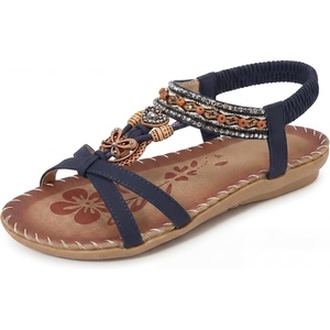 image:imageAllegra K Women Bohemian Rhinestone Knot Flat Ankle Elastic SandalsBlue