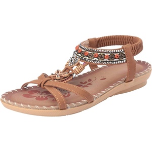 image:imageAllegra K Women Bohemian Rhinestone Knot Flat Ankle Elastic SandalsBrown