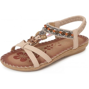 image:imageAllegra K Women Bohemian Rhinestone Knot Flat Ankle Elastic SandalsKhaki