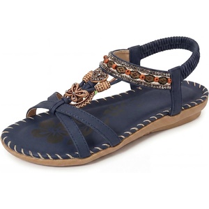image:imageAllegra K Women Bohemian Rhinestone Knot Flat Ankle Elastic SandalsNavy Blue