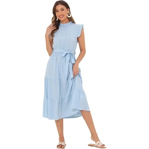 image:imageAllegra K Women Casual Midi Ruffled Sleeve Mock Neck ALine Belted DressBlue