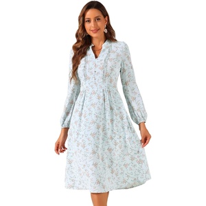 image:imageAllegra K Women Floral Print V Neck Long Sleeve Midi Boho DressBlue