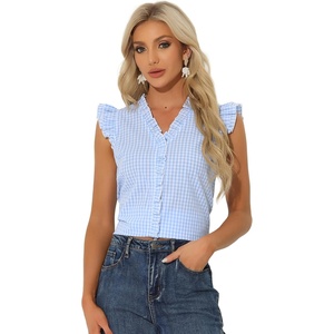 image:imageAllegra K Gingham Top for Womens Ruffle Shirt Vintage Cap Sleeve Checkered BlouseBlue