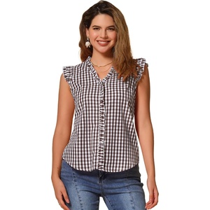 image:imageAllegra K Gingham Top for Womens Ruffle Shirt Vintage Cap Sleeve Checkered BlouseBrown