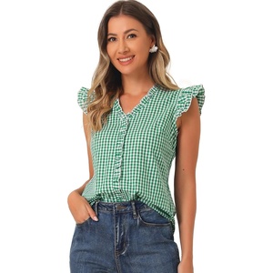image:imageAllegra K Gingham Top for Womens Ruffle Shirt Vintage Cap Sleeve Checkered BlouseGreen