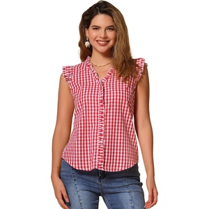 image:imageAllegra K Gingham Top for Womens Ruffle Shirt Vintage Cap Sleeve Checkered BlouseHot Pink