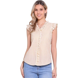 image:imageAllegra K Gingham Top for Womens Ruffle Shirt Vintage Cap Sleeve Checkered BlouseLight Khaki