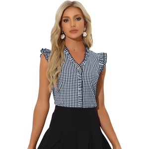 image:imageAllegra K Gingham Top for Womens Ruffle Shirt Vintage Cap Sleeve Checkered BlouseNavy Blue