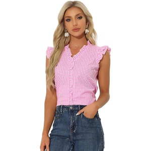 image:imageAllegra K Gingham Top for Womens Ruffle Shirt Vintage Cap Sleeve Checkered BlousePink