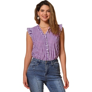image:imageAllegra K Gingham Top for Womens Ruffle Shirt Vintage Cap Sleeve Checkered BlousePurple