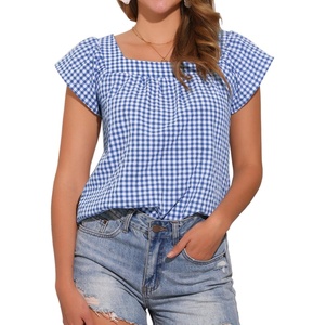 image:imageAllegra K Gingham Tops for Women Summer Cute Cap Sleeve Square Neck Plaid Shirts Casual BlousesNavy