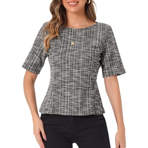 image:imageAllegra K Tweed Top for Womens Round Neck Short Sleeve Pullover Work Office BlouseBlack