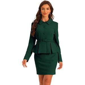 image:imageAllegra K Women Business Peplum Blazer Jacket Mini Pencil Skirt SetsDark Green