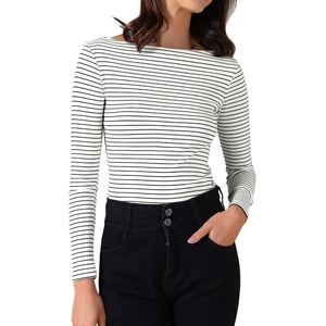 image:imageAllegra K Women Casual Stretchy Striped Long Sleeve Boat Neck Basic TopWhite