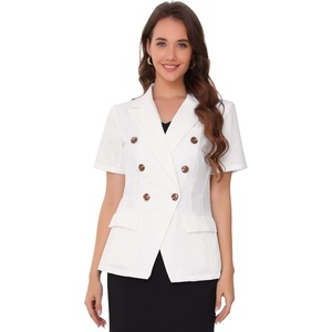 image:imageAllegra K Women Linen Double Breasted Short Sleeve Lapel BlazerWhite