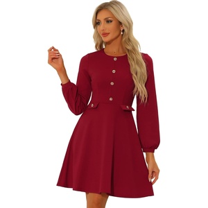 image:imageAllegra K Women Work Office Button Decor ALine Long Sleeve DressRed