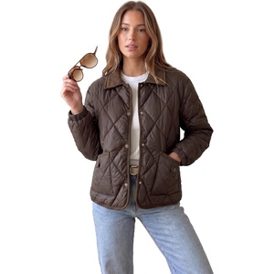 image:imageAllegra K Womens Argyle Puffer Jacket Color Block Lapel Button Down Elastic Cuffs Pockets Elegant Quilted Lightweight CoatsCoffee