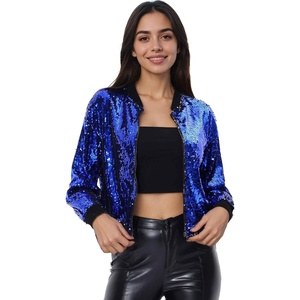 image:imageAllegra K Womens Sequin Jacket Bomber Long Sleeve Sparkly TopsBlue
