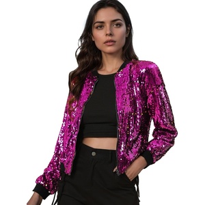 image:imageAllegra K Womens Sequin Jacket Bomber Long Sleeve Sparkly TopsFuchsia