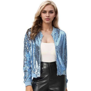 image:imageAllegra K Womens Sequin Jacket Bomber Long Sleeve Sparkly TopsLight Grey Blue