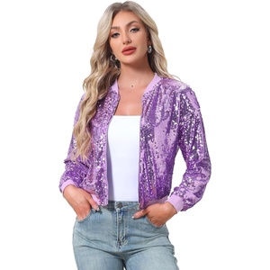 image:imageAllegra K Womens Sequin Jacket Bomber Long Sleeve Sparkly TopsLight Purple